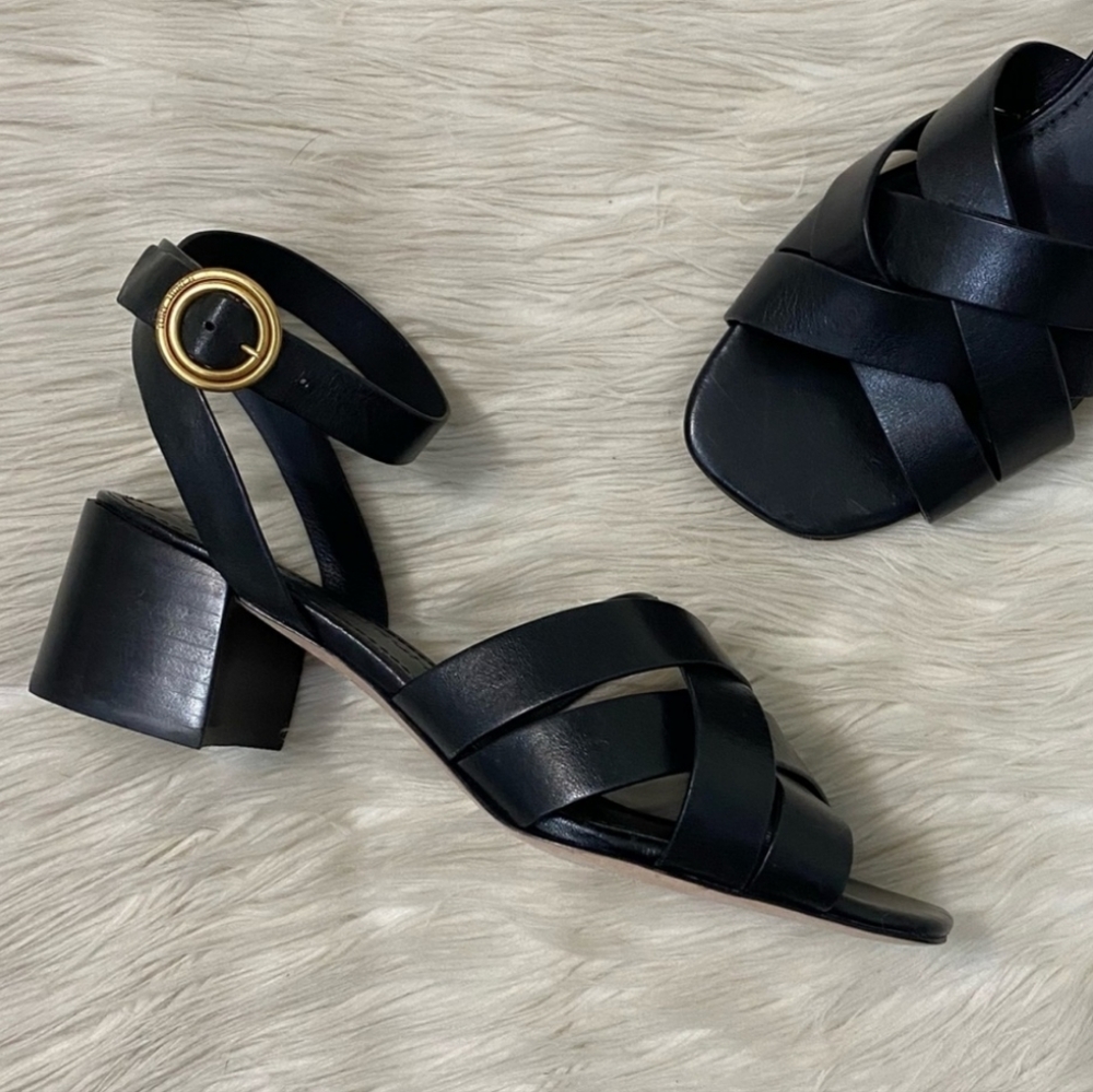 Tory Burch Black Leather Criss Cross Strap Heeled Sandals - Picture 1 of 9
